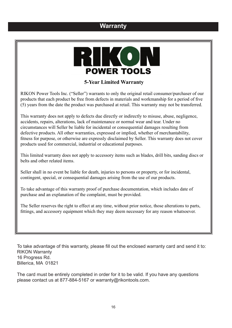 Warranty | RIKON Power Tools 61-1600 User Manual | Page 16 / 18
