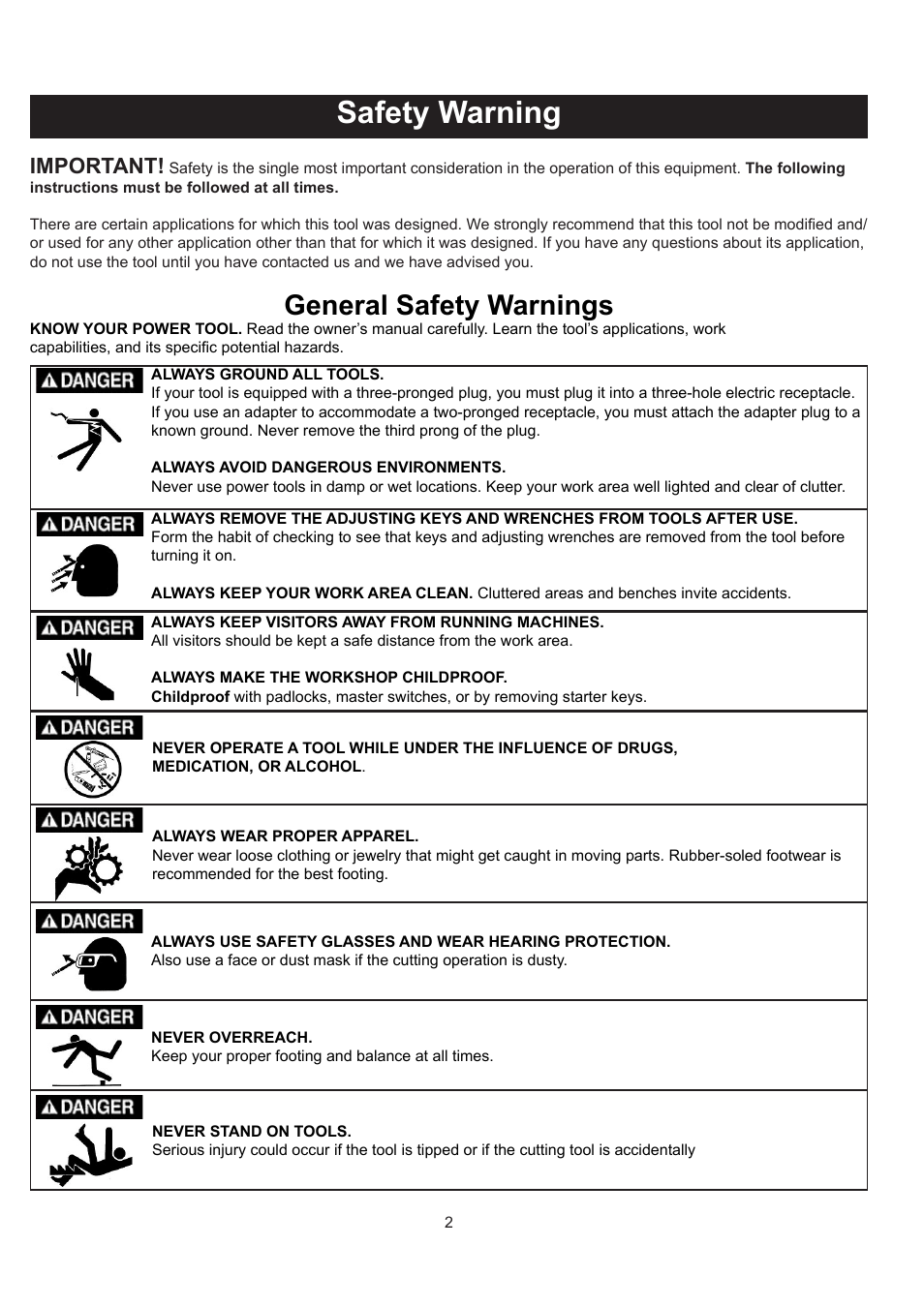 Safety warning, General safety warnings, Important | RIKON Power Tools 61-1600 User Manual | Page 2 / 18