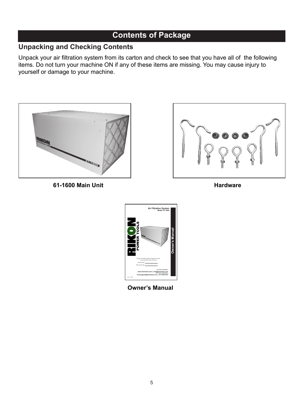 Contents of package, Unpacking and checking contents, 1600 main unit hardware owner’s manual | RIKON Power Tools 61-1600 User Manual | Page 5 / 18