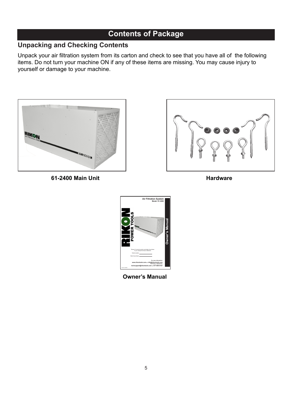 Contents of package, Unpacking and checking contents, 2400 main unit hardware owner’s manual | RIKON Power Tools 61-2400 User Manual | Page 5 / 18