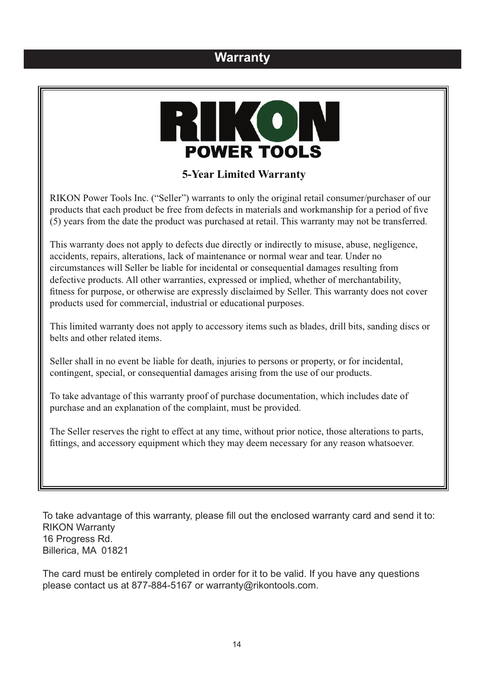 Warranty | RIKON Power Tools 62-100 User Manual | Page 14 / 16