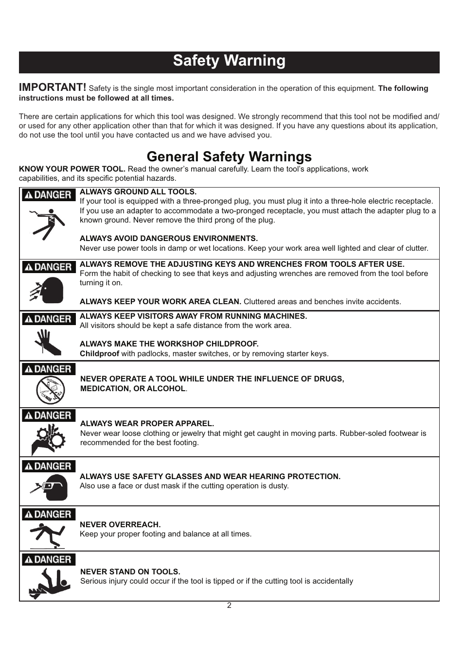 Safety warning, General safety warnings, Important | RIKON Power Tools 62-100 User Manual | Page 2 / 16