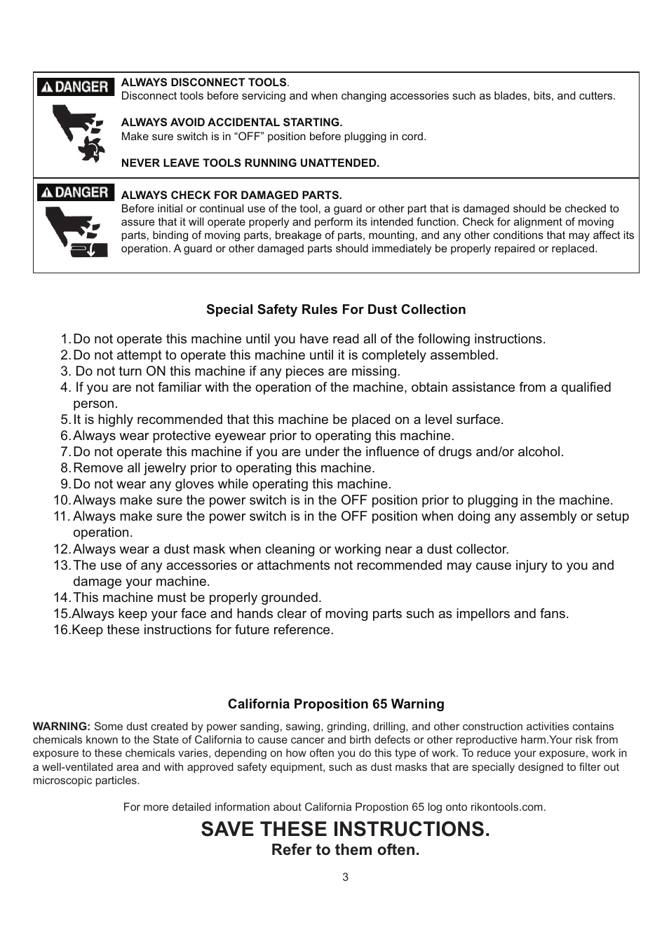 Save these instructions, Refer to them often | RIKON Power Tools 62-100 User Manual | Page 3 / 16