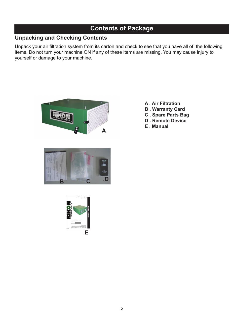 Contents of package, Unpacking and checking contents, Ab c d | RIKON Power Tools 62-100 User Manual | Page 5 / 16