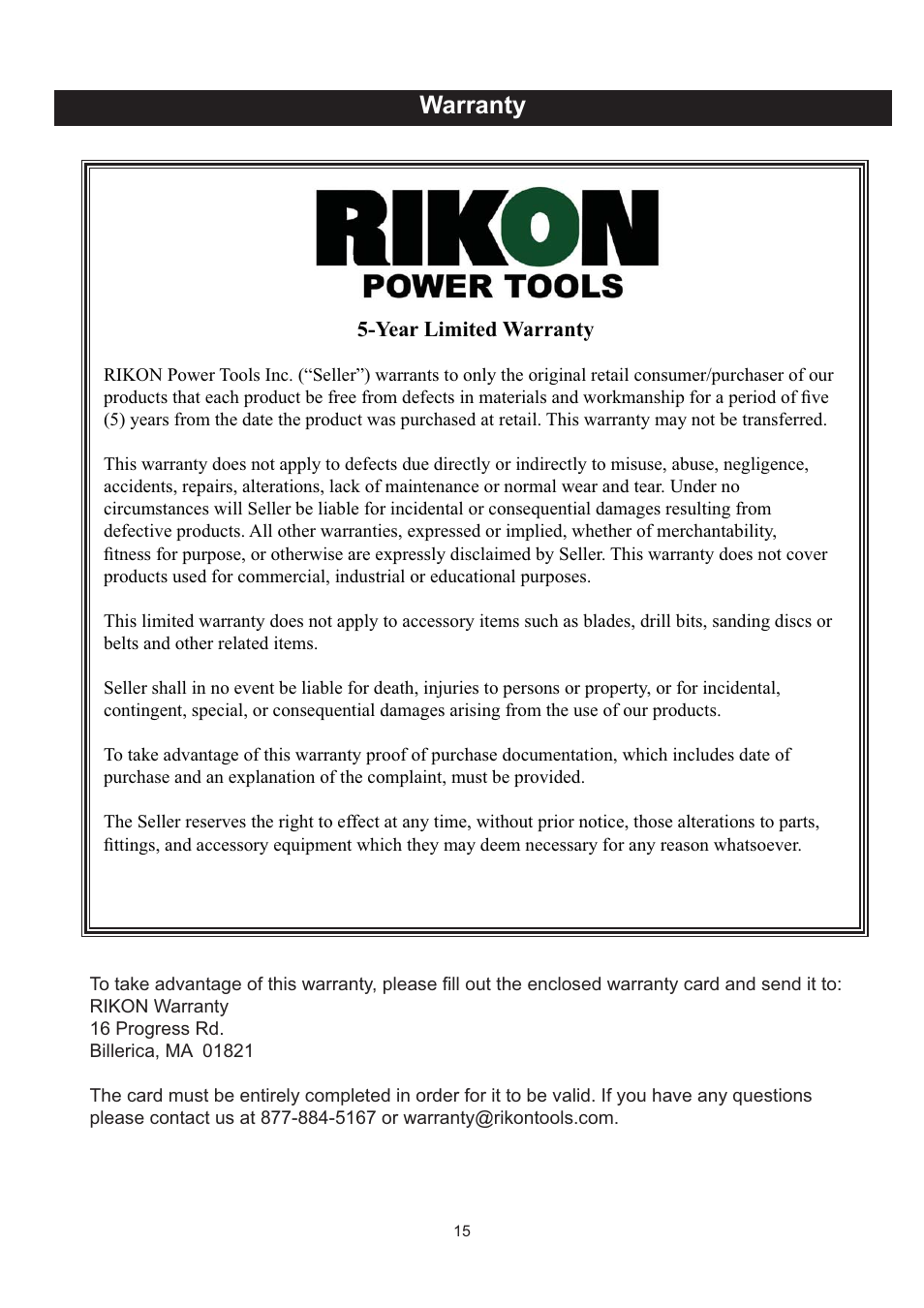 Warranty | RIKON Power Tools 63-100 User Manual | Page 15 / 16