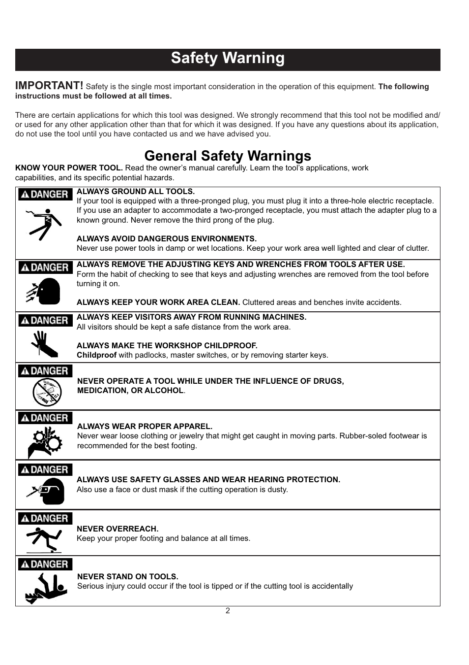 Safety warning, General safety warnings, Important | RIKON Power Tools 63-100 User Manual | Page 2 / 16