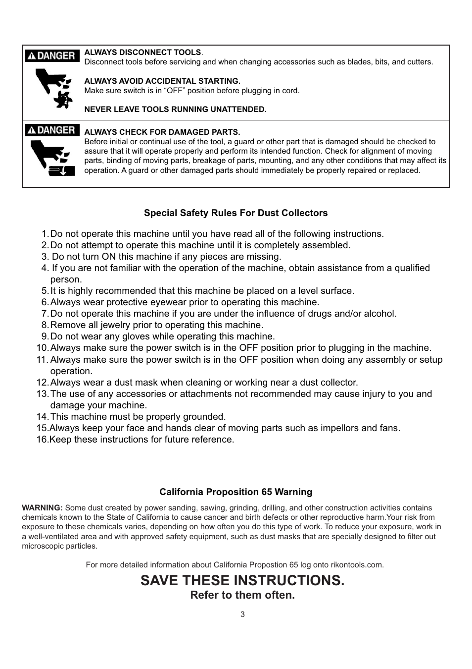 Save these instructions, Refer to them often | RIKON Power Tools 63-100 User Manual | Page 3 / 16