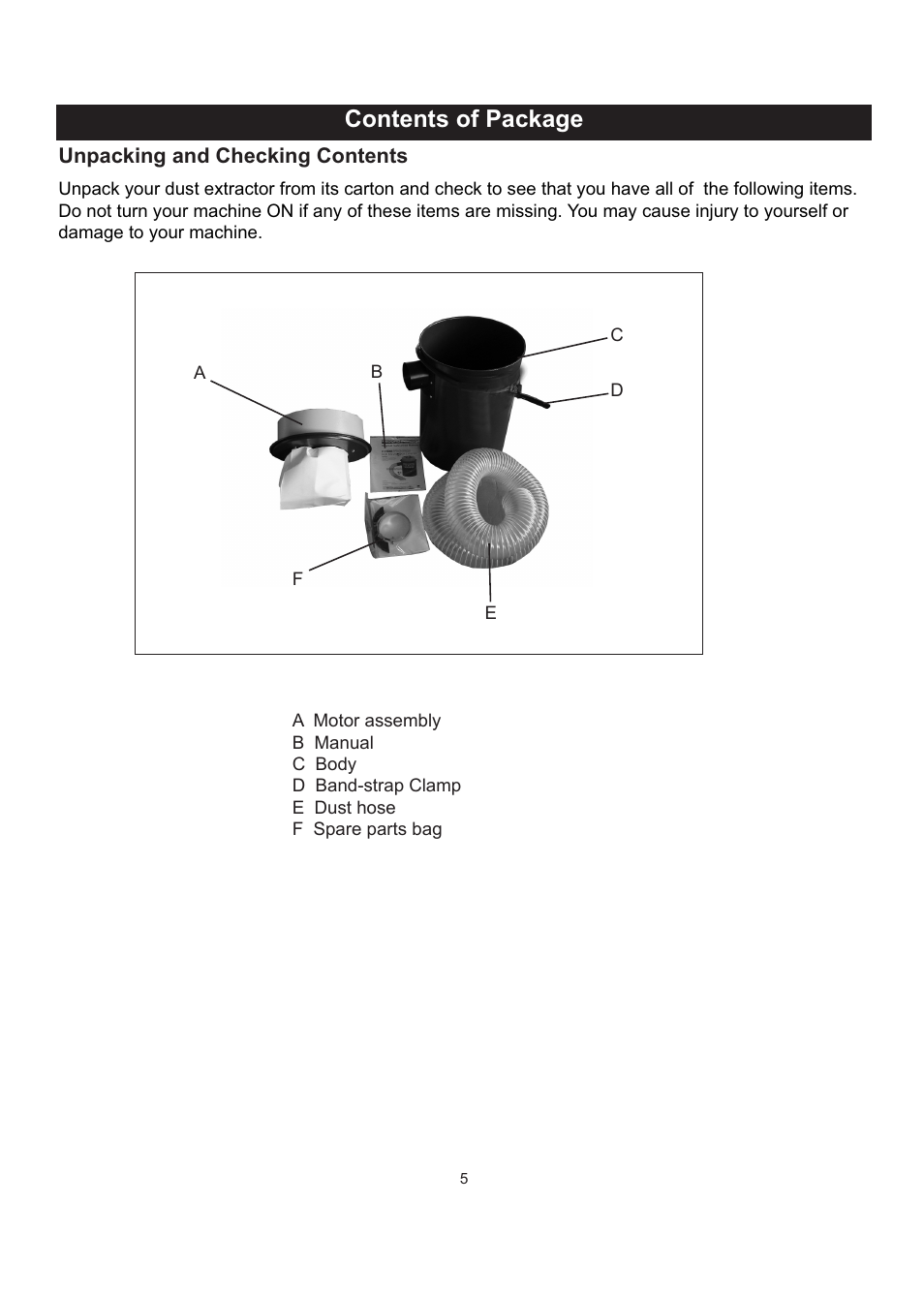 6-7-8-10.pdf, Show rikon dust extractor, Contents of package | Unpacking and checking contents | RIKON Power Tools 63-100 User Manual | Page 5 / 16