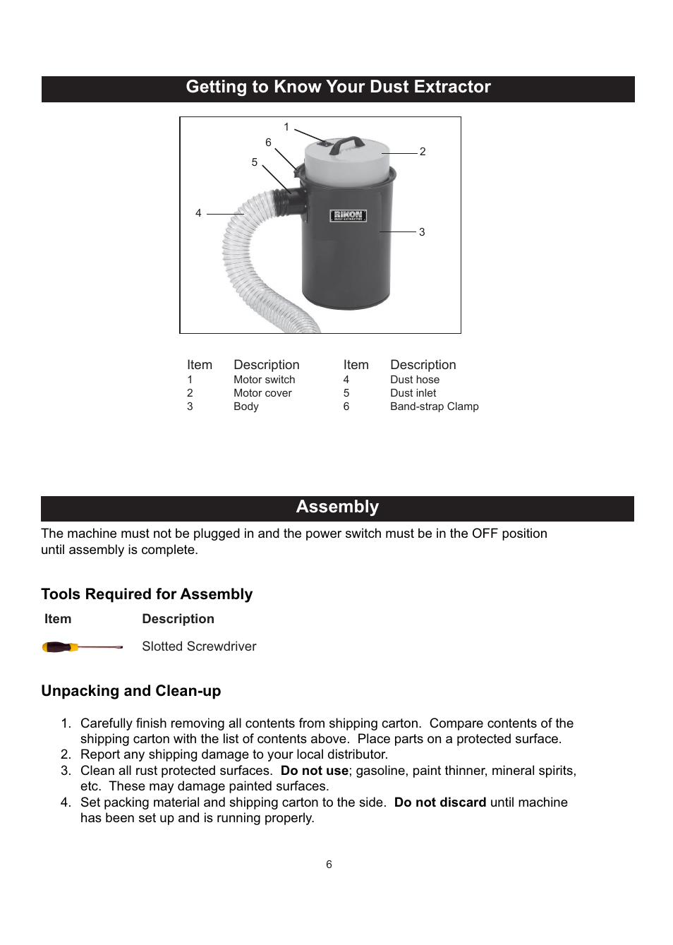 Show rikon dust extractor, Getting to know your dust extractor assembly, Unpacking and clean-up | Tools required for assembly | RIKON Power Tools 63-100 User Manual | Page 6 / 16