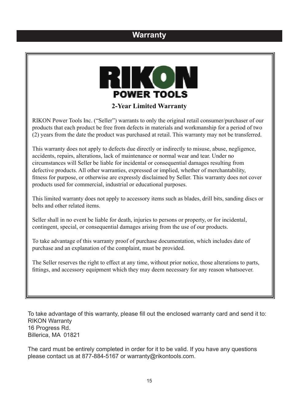 Warranty | RIKON Power Tools 70-050 User Manual | Page 15 / 16