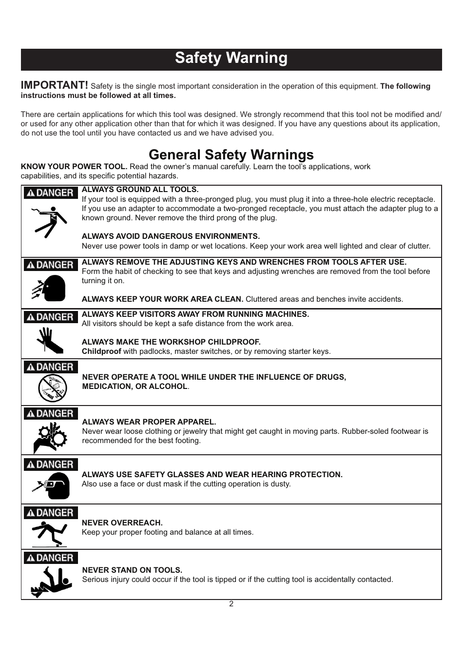 Safety warning, General safety warnings, Important | RIKON Power Tools 70-050 User Manual | Page 2 / 16