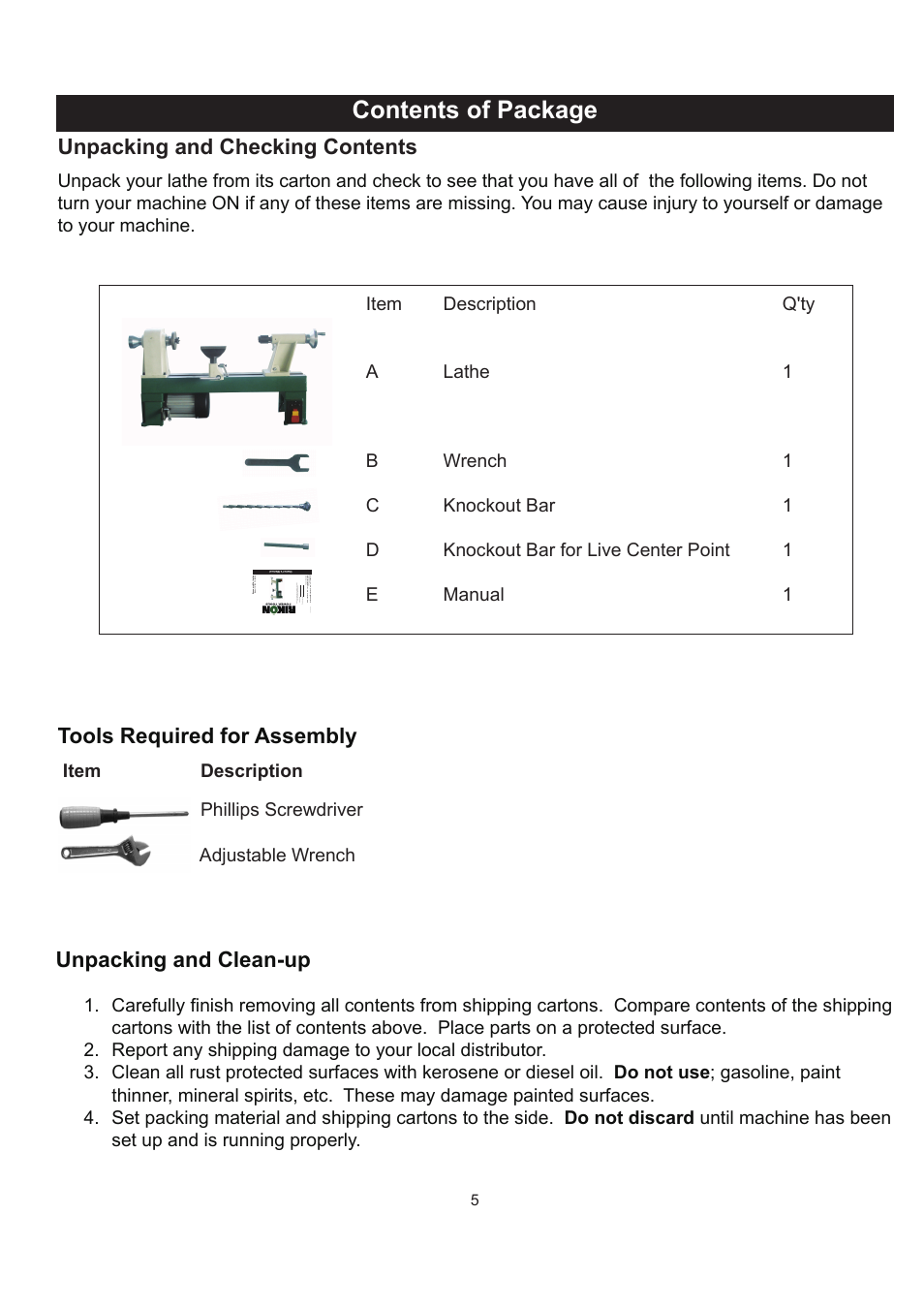 Contents of package, Unpacking and clean-up, Tools required for assembly | Unpacking and checking contents, Item description, Phillips screwdriver adjustable wrench | RIKON Power Tools 70-050 User Manual | Page 5 / 16
