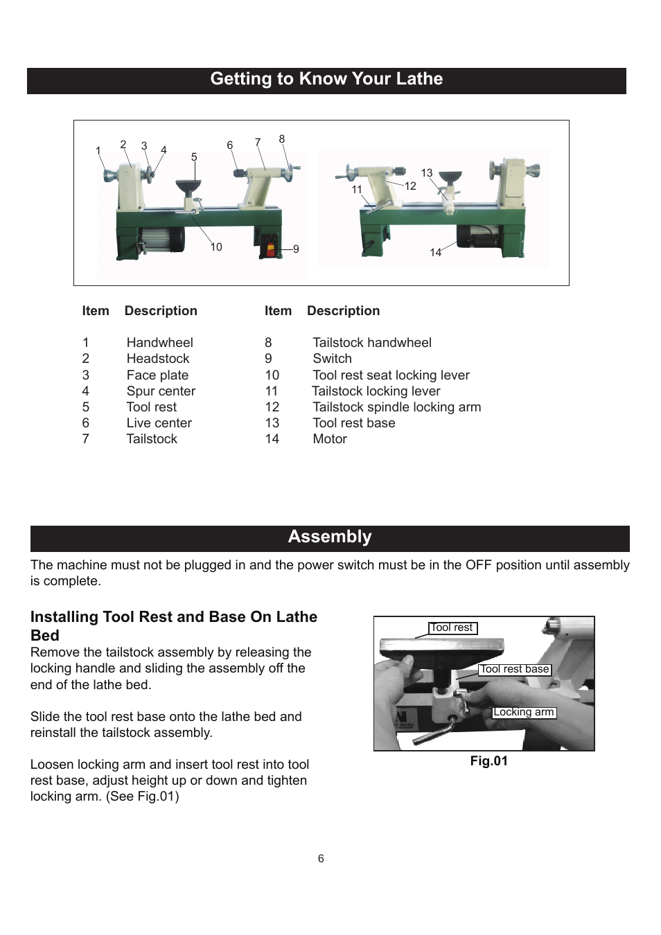 Getting to know your lathe assembly, Installing tool rest and base on lathe bed | RIKON Power Tools 70-050 User Manual | Page 6 / 16