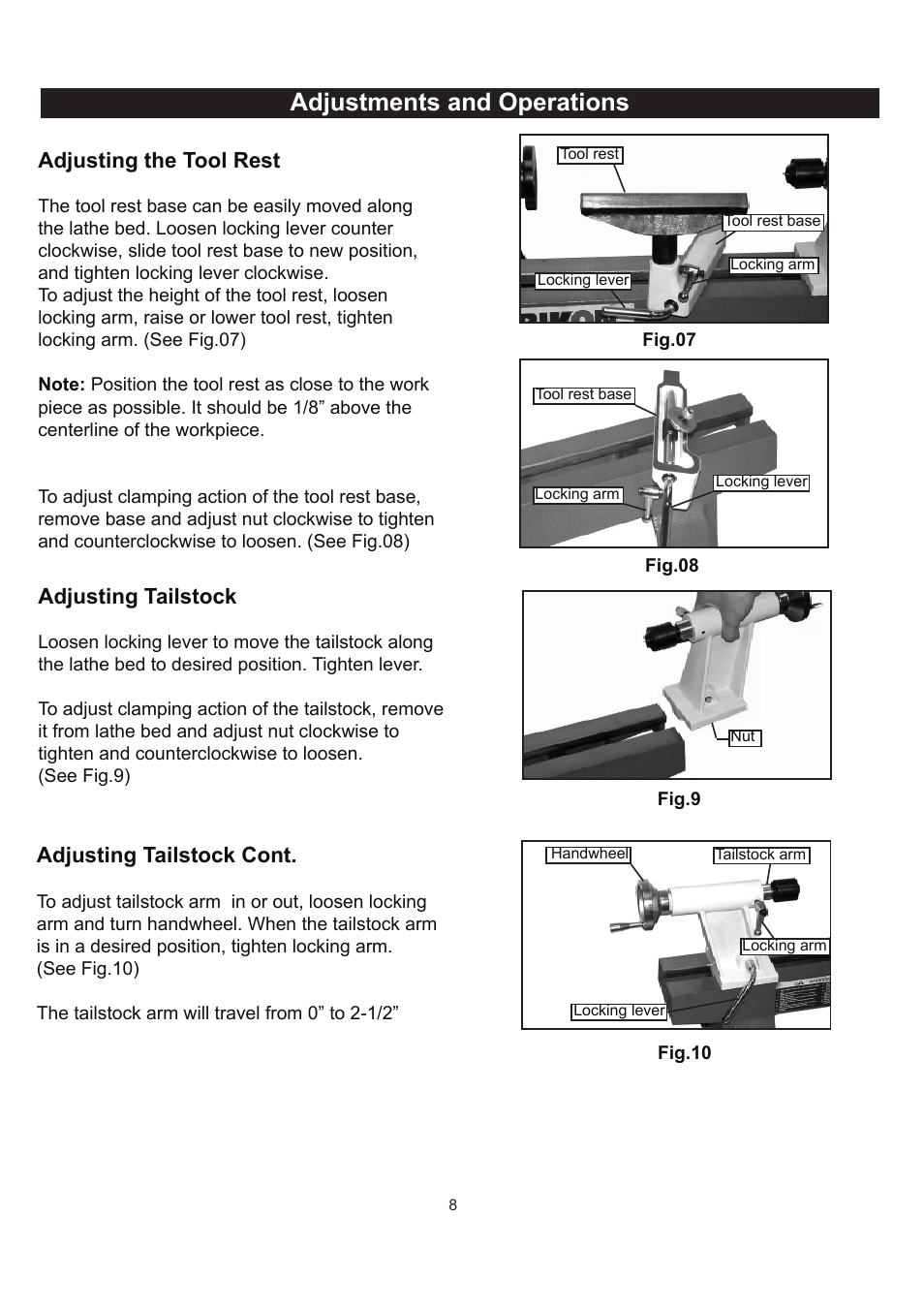 Adjustments and operations, Adjusting tailstock, Adjusting the tool rest | Adjusting tailstock cont | RIKON Power Tools 70-050 User Manual | Page 8 / 16