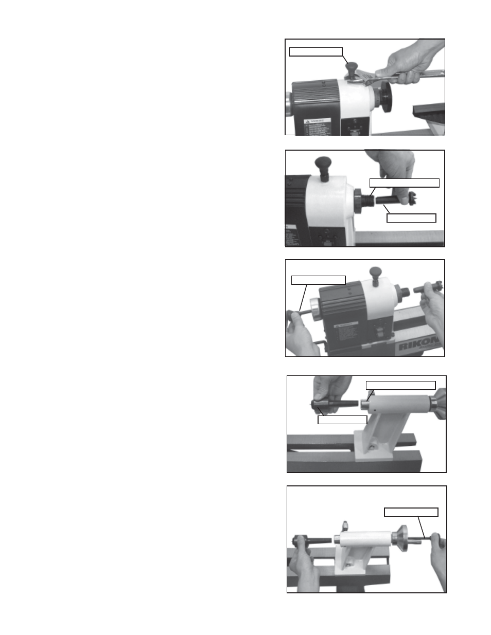 Installing spindle lock, Attaching spur center on the headstock, Knockout bar | Attaching live center on the tailstock | RIKON Power Tools 70-100 User Manual | Page 7 / 18