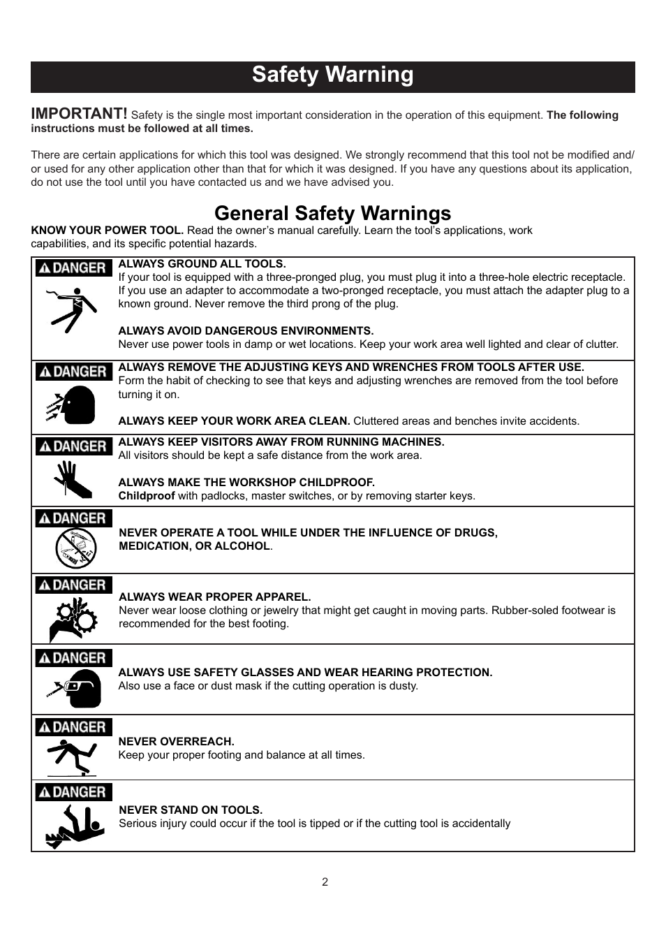 Safety warning, General safety warnings, Important | RIKON Power Tools 70-300 User Manual | Page 2 / 28