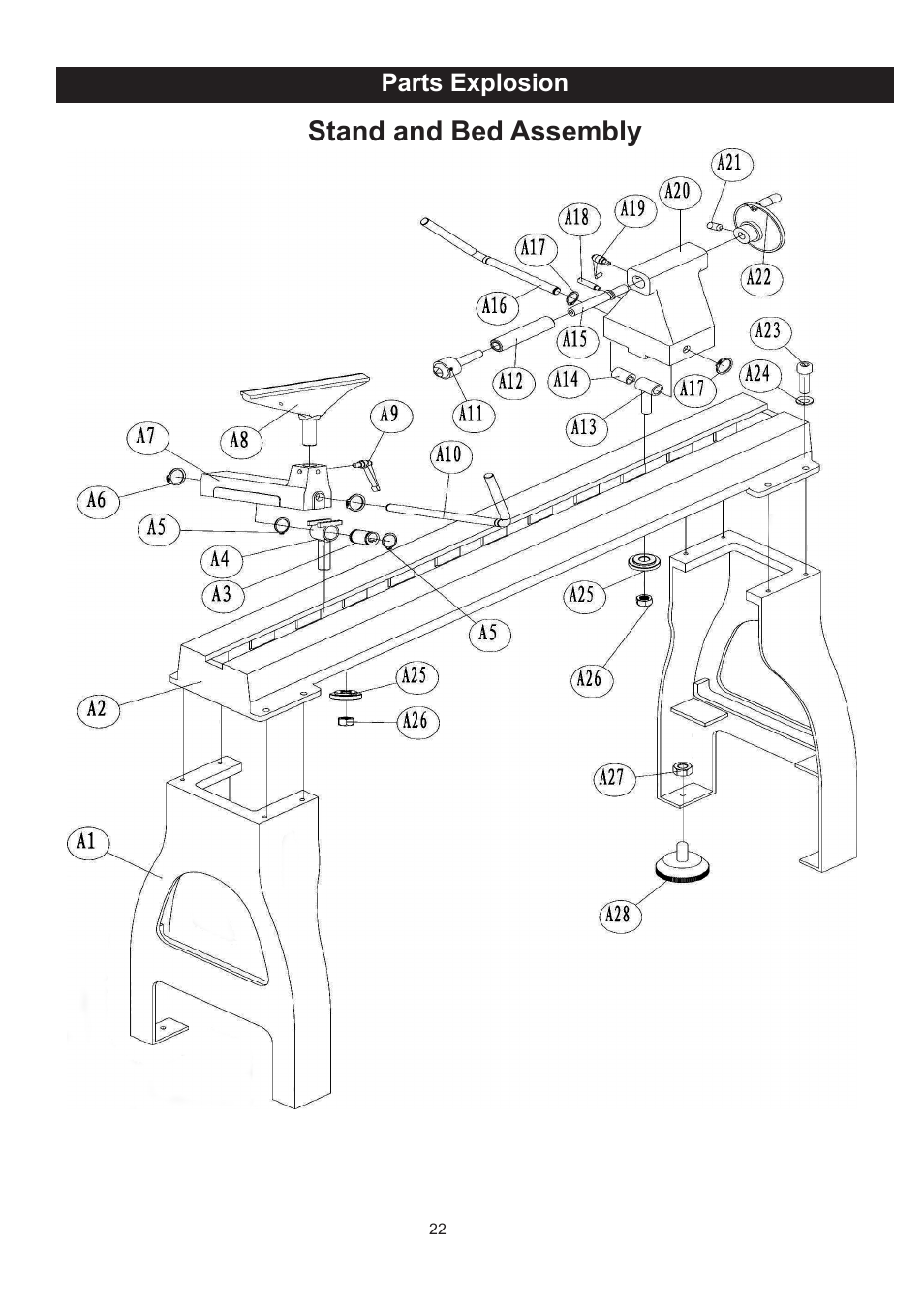 Stand and bed assembly | RIKON Power Tools 70-300 User Manual | Page 22 / 28