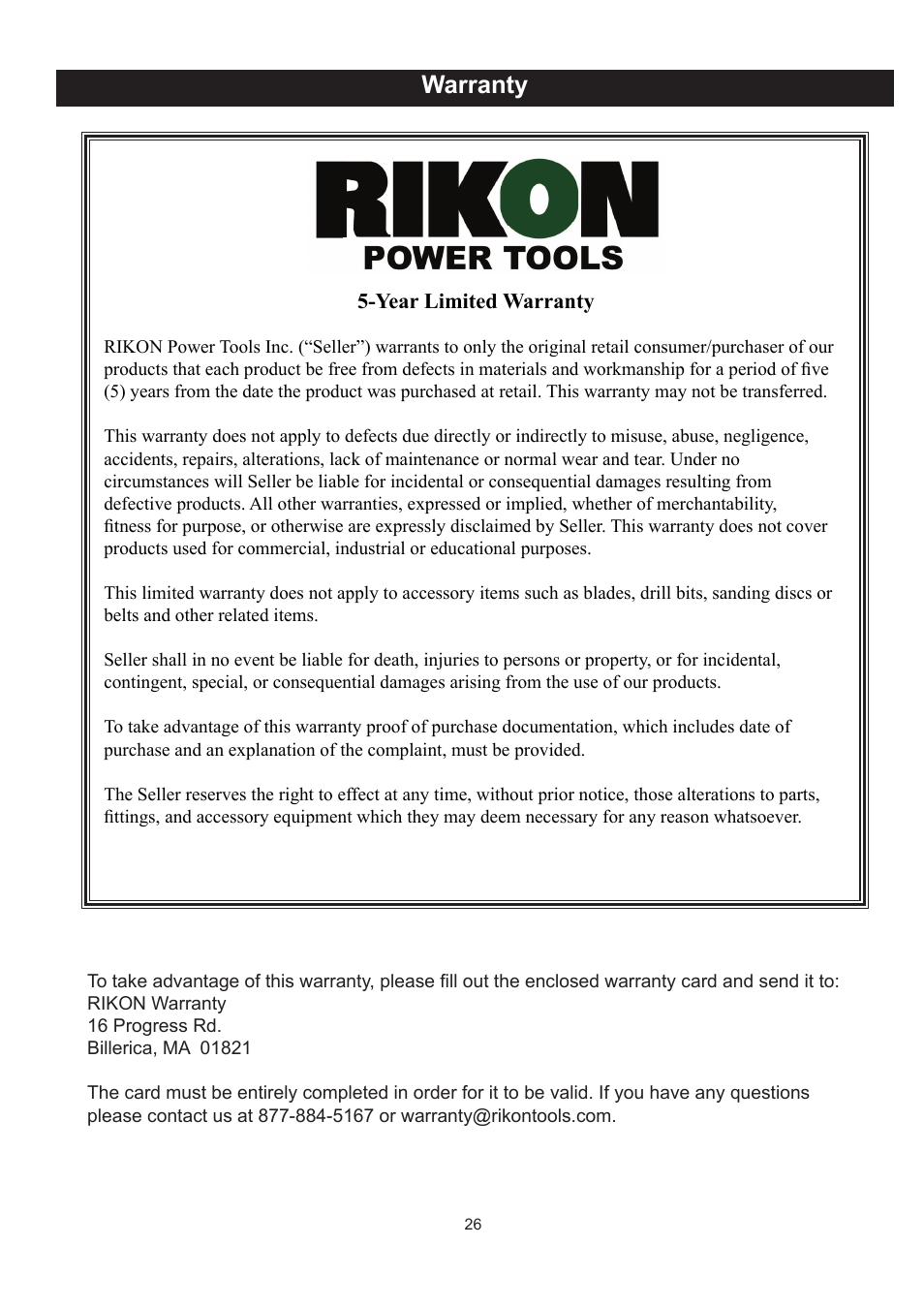 Warranty | RIKON Power Tools 70-300 User Manual | Page 26 / 28