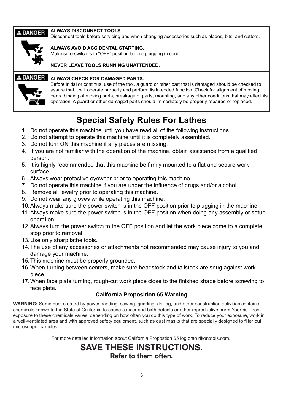 Save these instructions, Special safety rules for lathes, Refer to them often | RIKON Power Tools 70-300 User Manual | Page 3 / 28