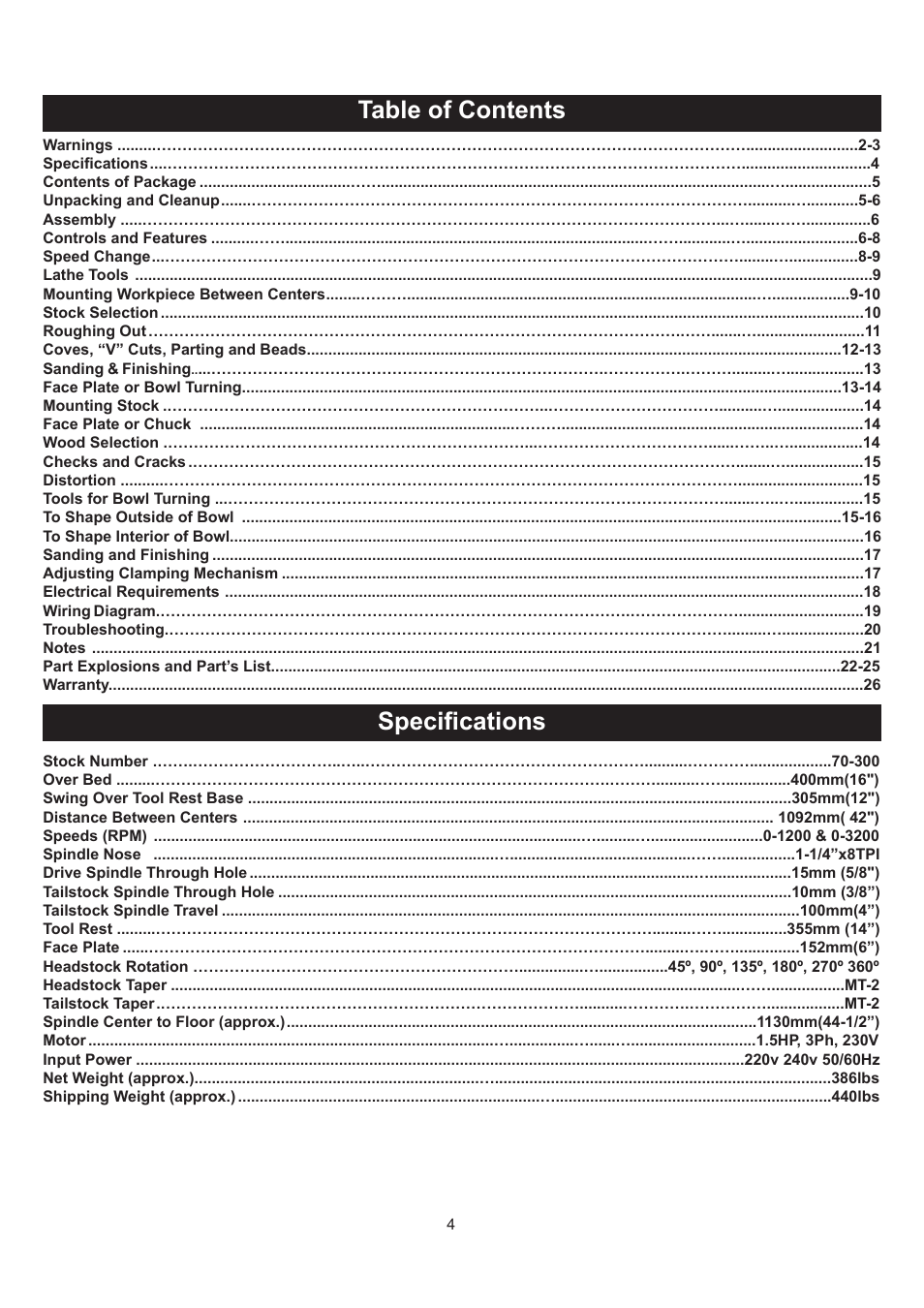 Table of contents specifications | RIKON Power Tools 70-300 User Manual | Page 4 / 28