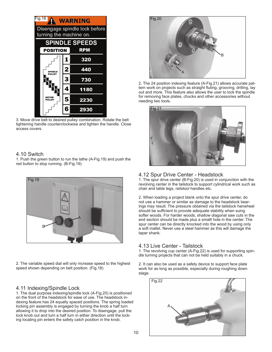 11 indexing/spindle lock, 12 spur drive center - headstock, 13 live center - tailstock | 10 switch | RIKON Power Tools 70-425 User Manual | Page 10 / 18