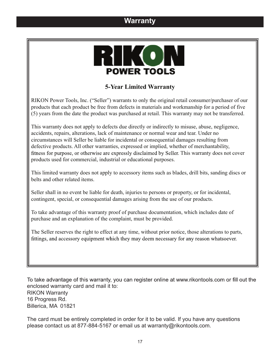 Warranty | RIKON Power Tools 70-425 User Manual | Page 17 / 18