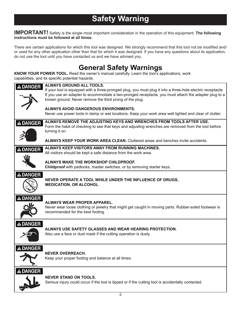 Safety warning, General safety warnings, Important | RIKON Power Tools 70-425 User Manual | Page 2 / 18