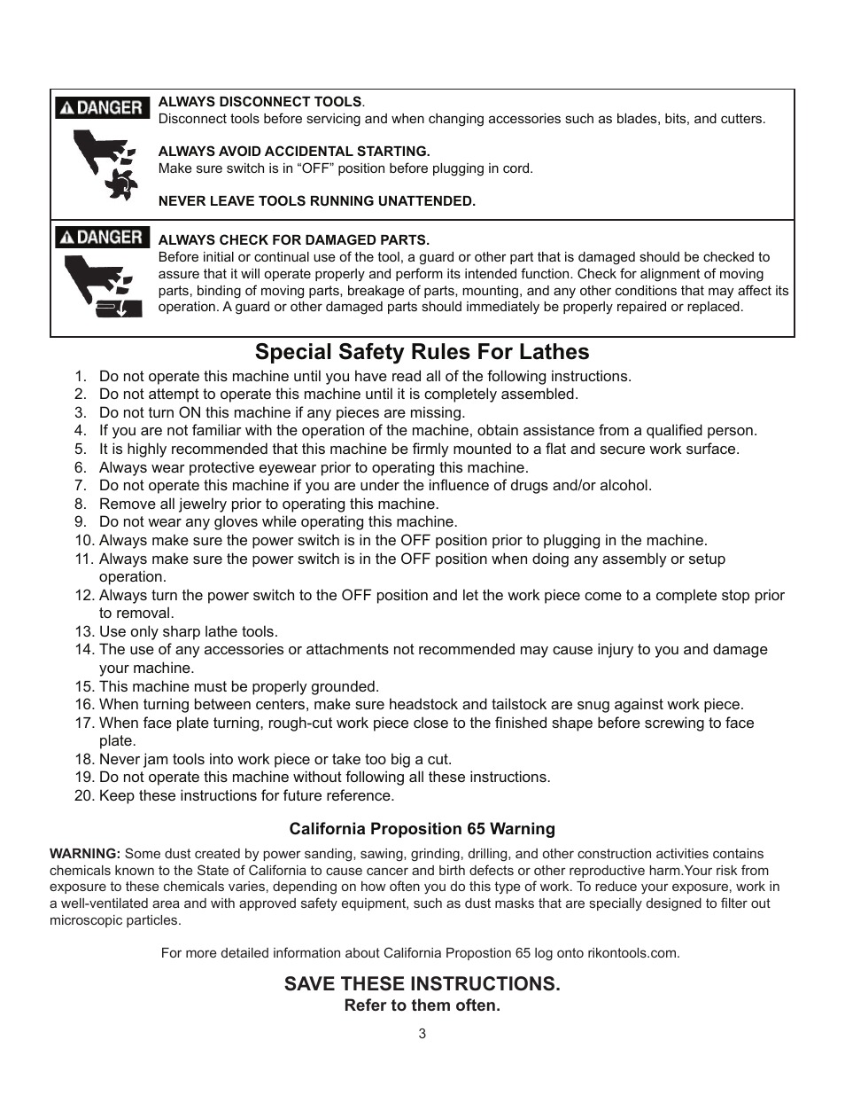 Special safety rules for lathes, Save these instructions | RIKON Power Tools 70-425 User Manual | Page 3 / 18