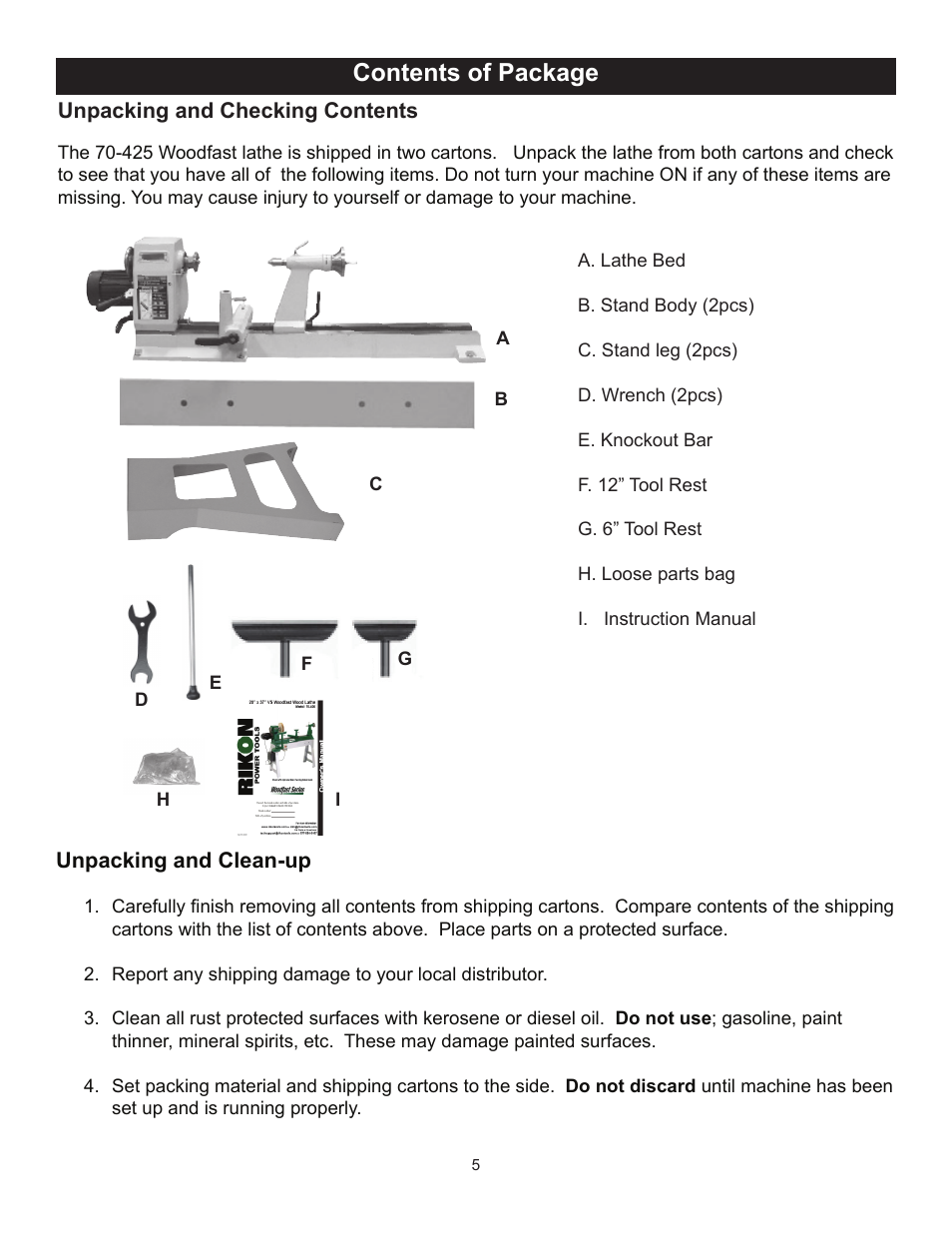 Contents of package | RIKON Power Tools 70-425 User Manual | Page 5 / 18