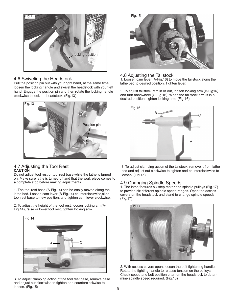 6 swiveling the headstock, 7 adjusting the tool rest, 8 adjusting the tailstock | 9 changing spindle speeds | RIKON Power Tools 70-425 User Manual | Page 9 / 18