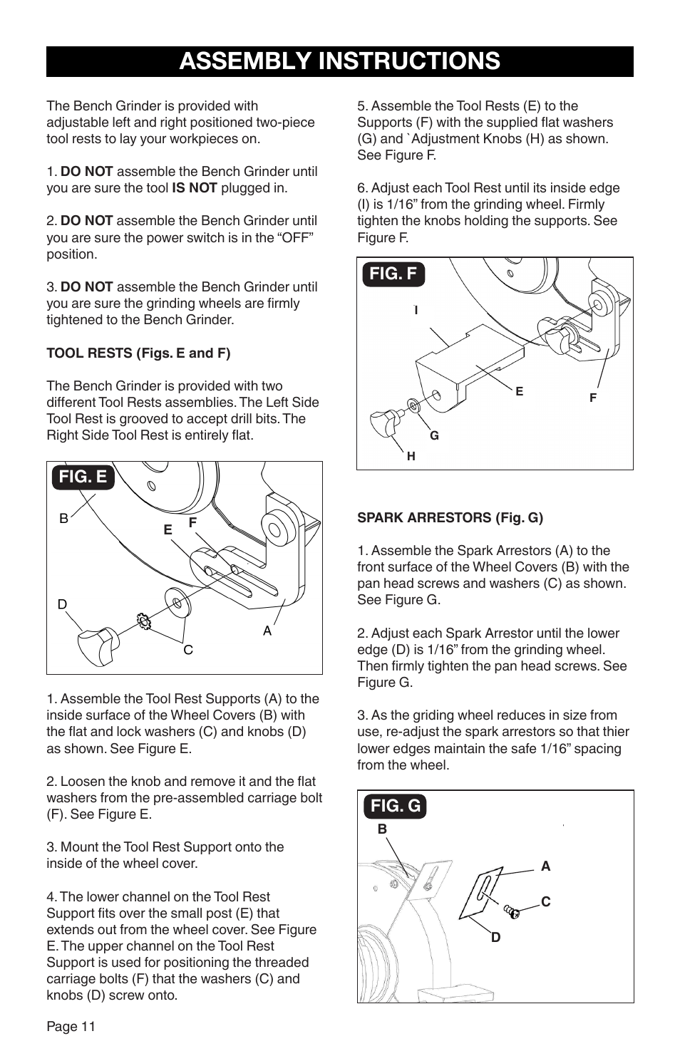 Assembly instructions, Fig. e fig. f fig. g | RIKON Power Tools 80-805 User Manual | Page 12 / 22