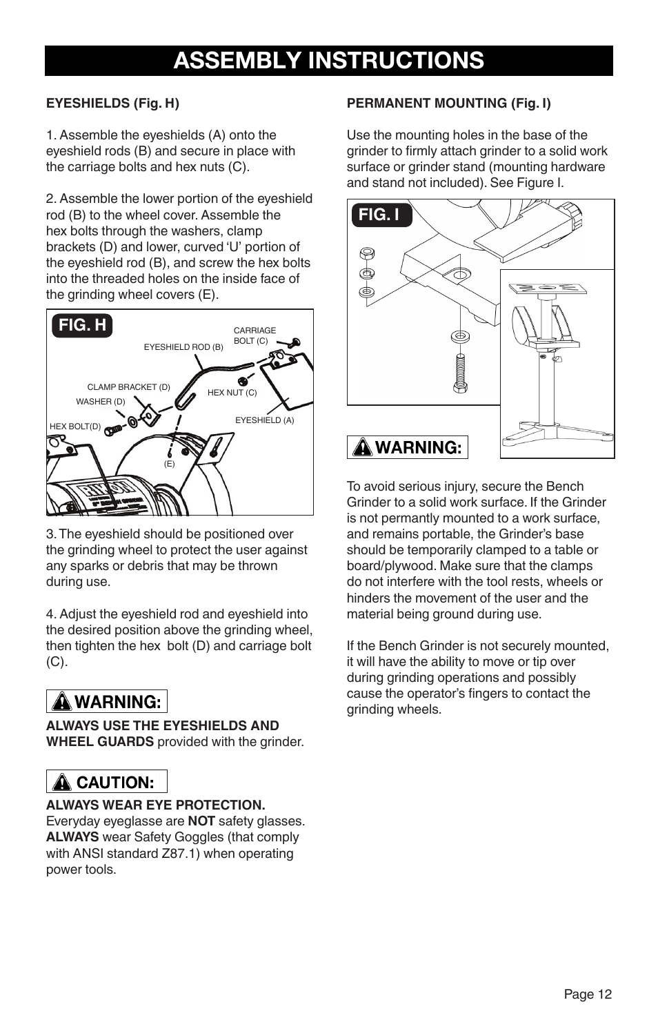 Assembly instructions, Fig. h fig. i | RIKON Power Tools 80-805 User Manual | Page 13 / 22