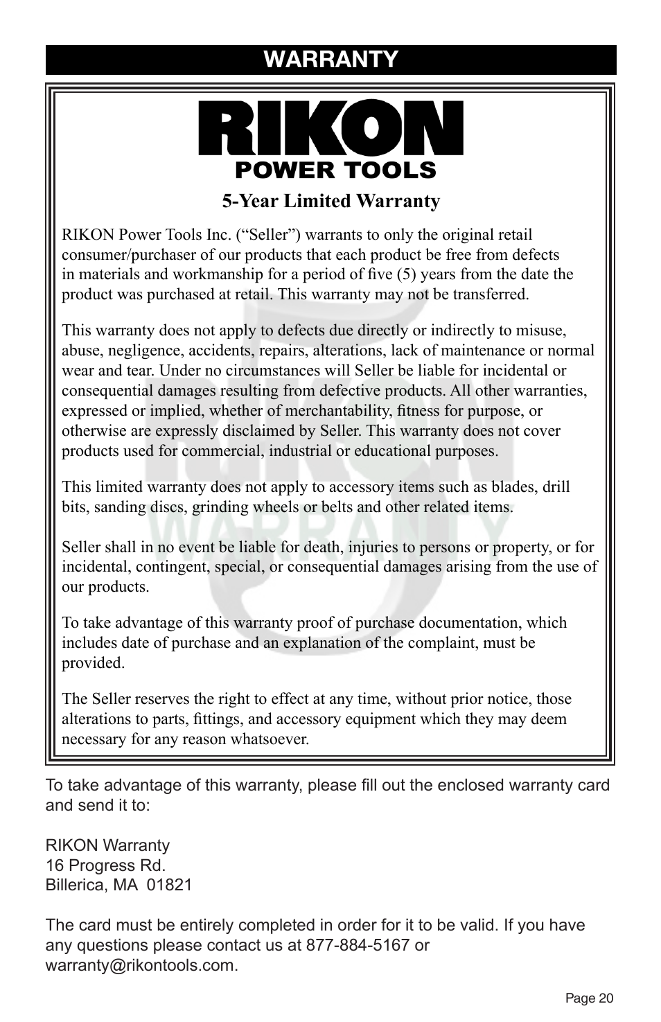 Warranty, Year limited warranty | RIKON Power Tools 80-805 User Manual | Page 21 / 22