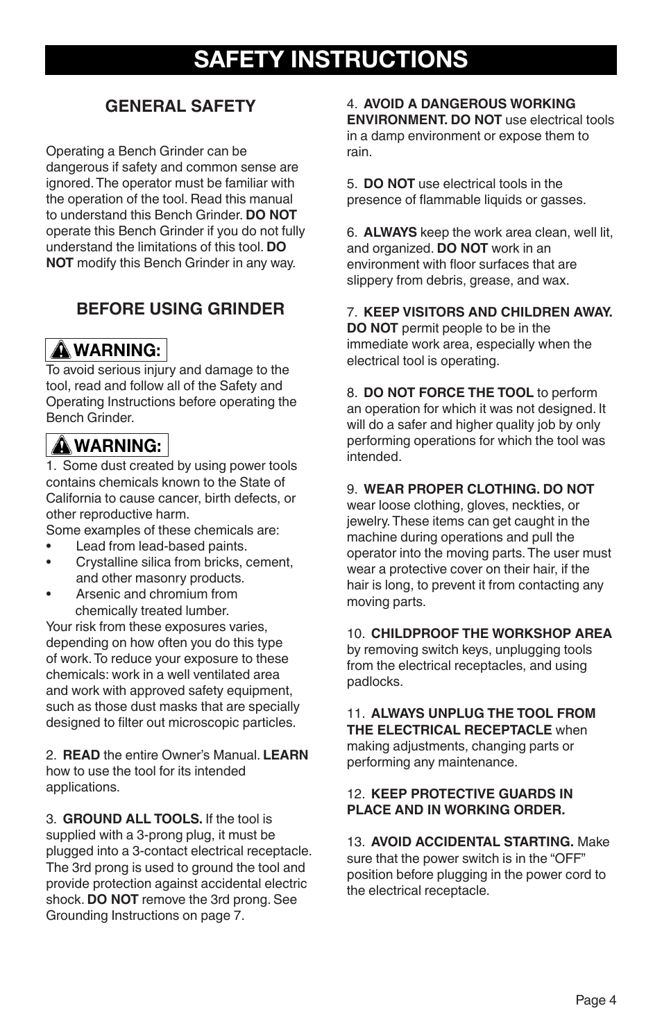 Safety instructions, General safety, Before using grinder | RIKON Power Tools 80-805 User Manual | Page 5 / 22