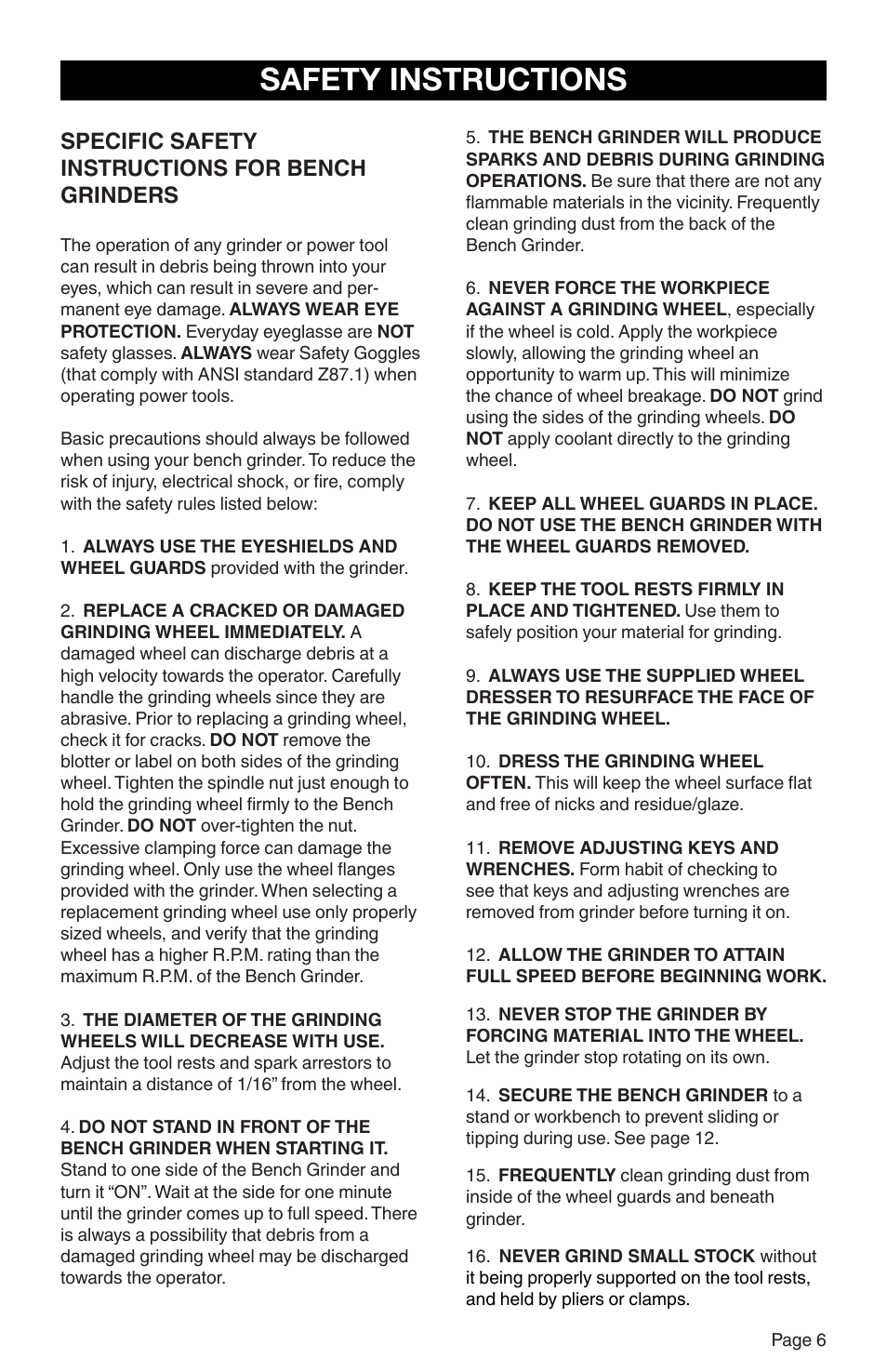 Safety instructions, Specific safety instructions for bench grinders | RIKON Power Tools 80-805 User Manual | Page 7 / 22