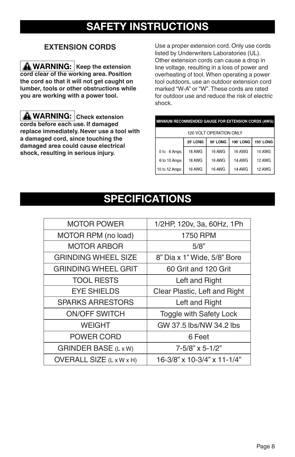 Safety instructions, Specifications | RIKON Power Tools 80-805 User Manual | Page 9 / 22