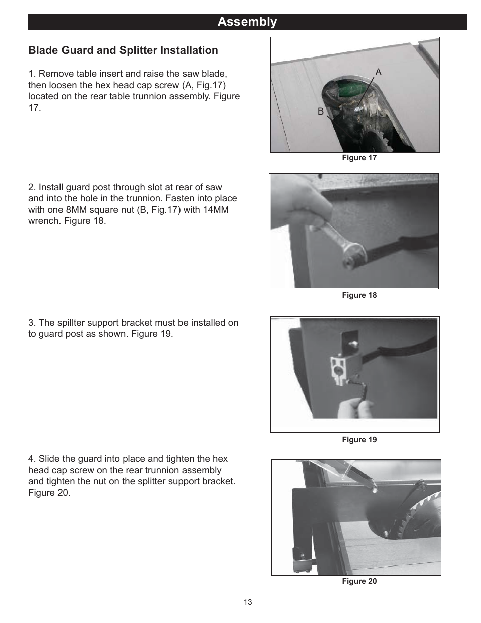 Assembly, Blade guard and splitter installation | RIKON Power Tools 10-050 User Manual | Page 13 / 27