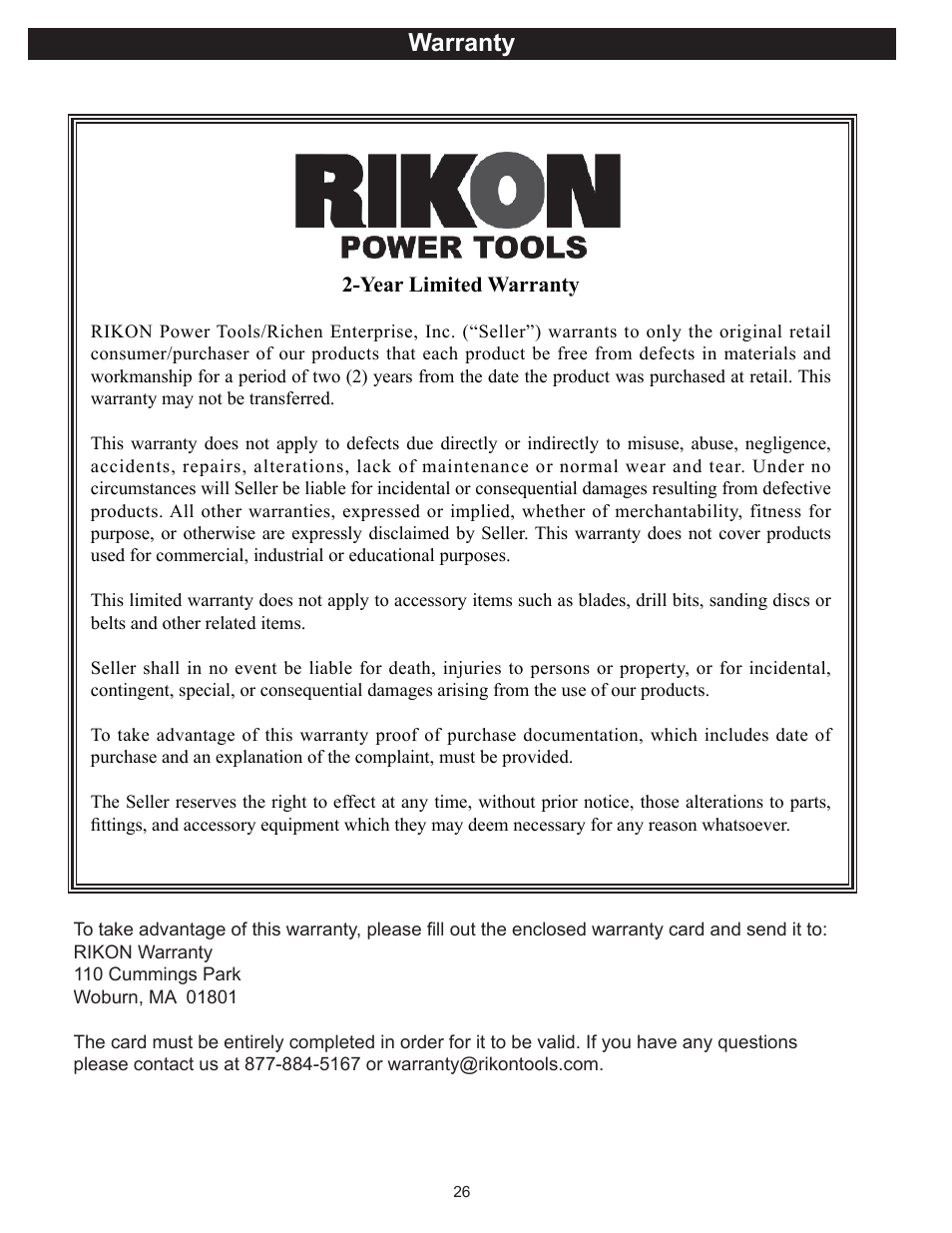 Warranty | RIKON Power Tools 10-050 User Manual | Page 26 / 27