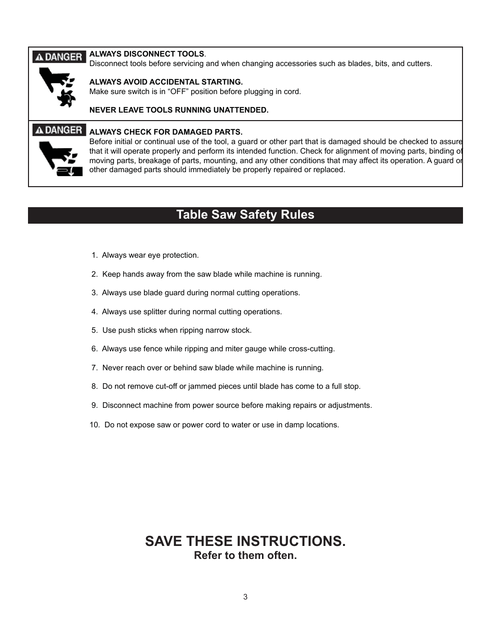 Save these instructions, Table saw safety rules, Refer to them often | RIKON Power Tools 10-050 User Manual | Page 3 / 27