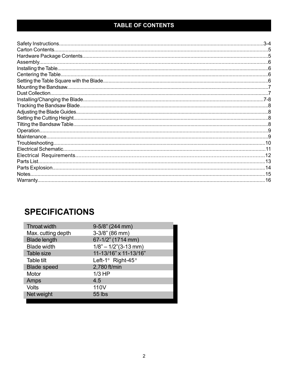 Specifications | RIKON Power Tools 10-300 User Manual | Page 2 / 17