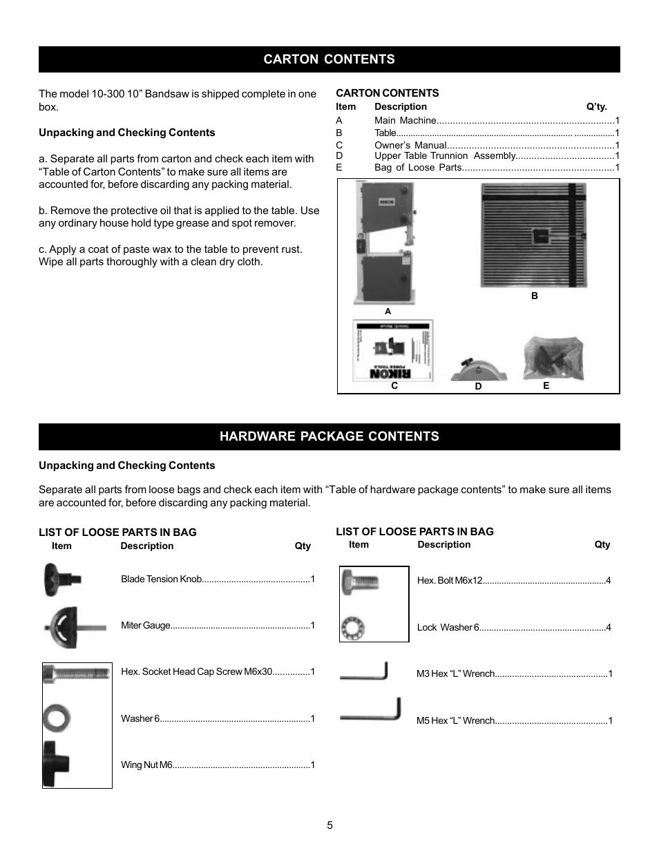 Carton contents, Hardware package contents | RIKON Power Tools 10-300 User Manual | Page 5 / 17