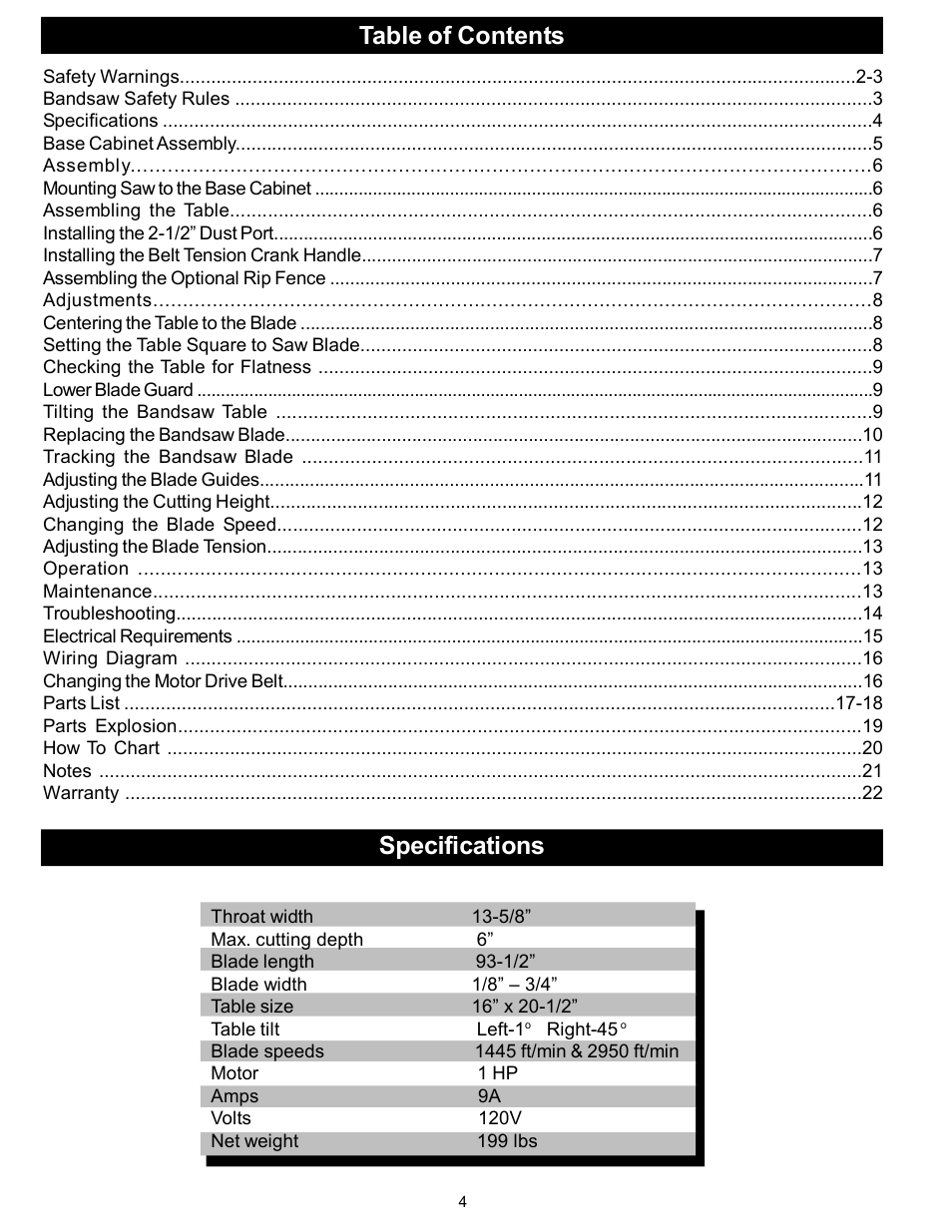 Table of contents specifications | RIKON Power Tools 10-320 User Manual | Page 4 / 22