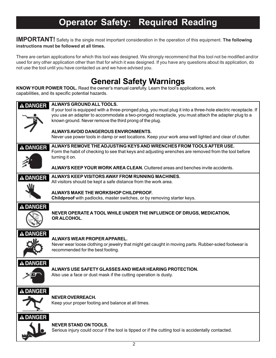Operator safety: required reading, General safety warnings, Important | RIKON Power Tools 20-100 User Manual | Page 2 / 32