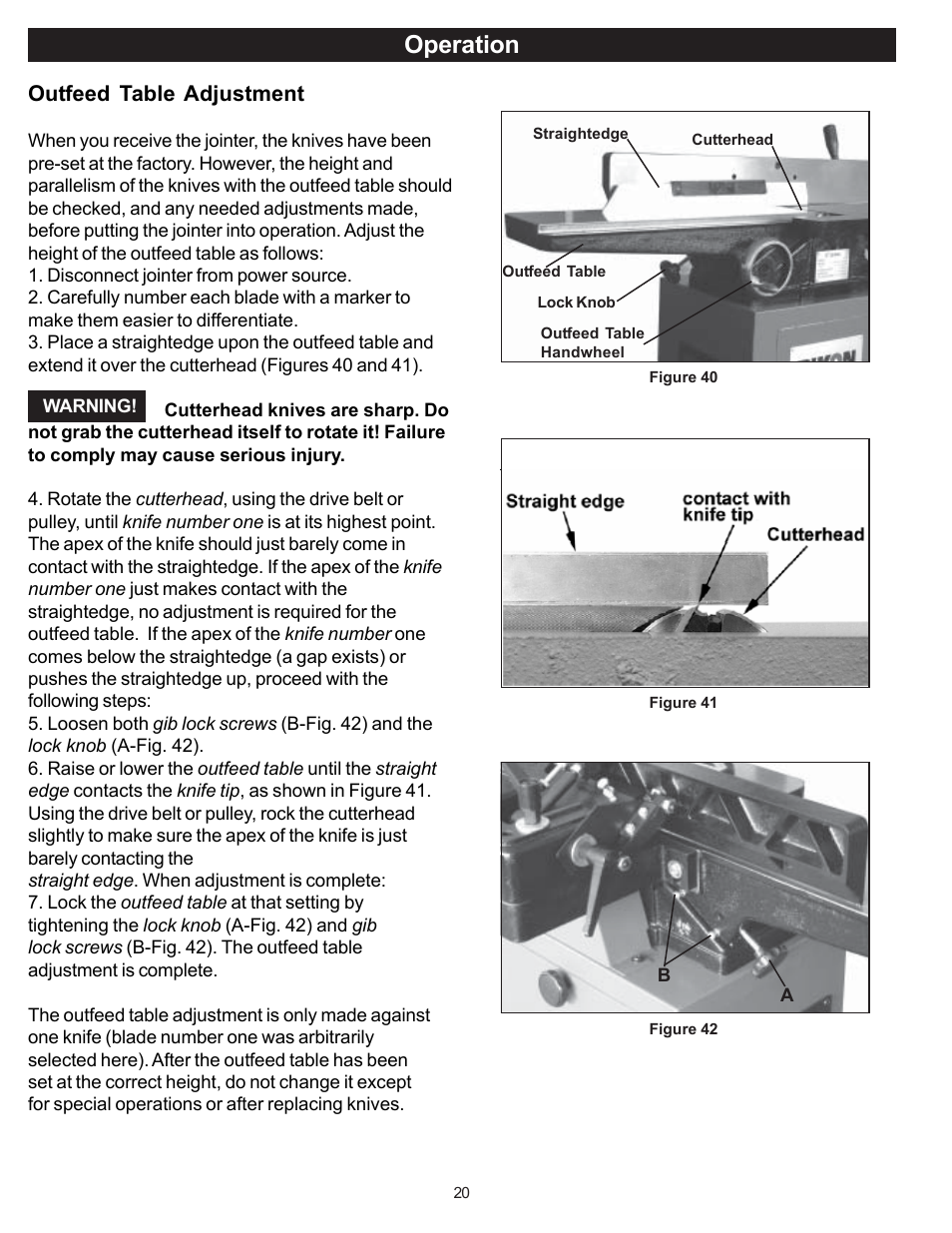 Operation, Outfeed table adjustment | RIKON Power Tools 20-100 User Manual | Page 20 / 32