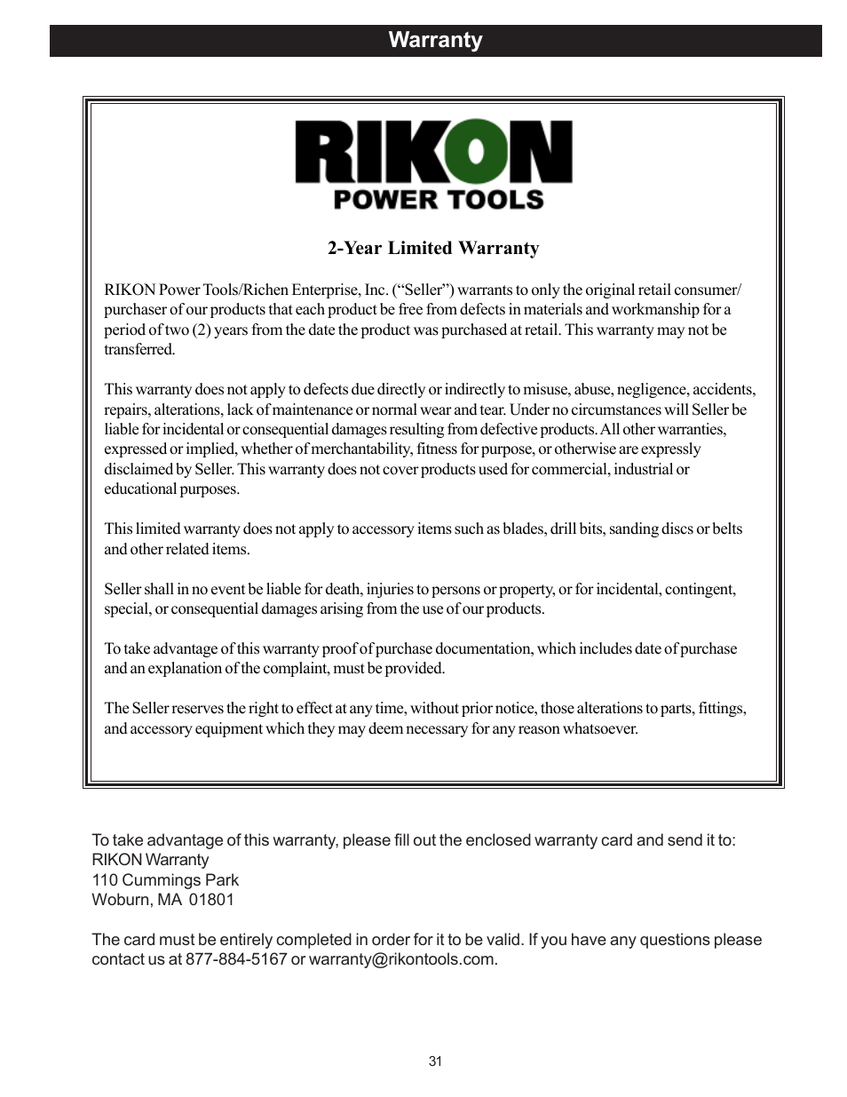 Warranty | RIKON Power Tools 20-100 User Manual | Page 31 / 32