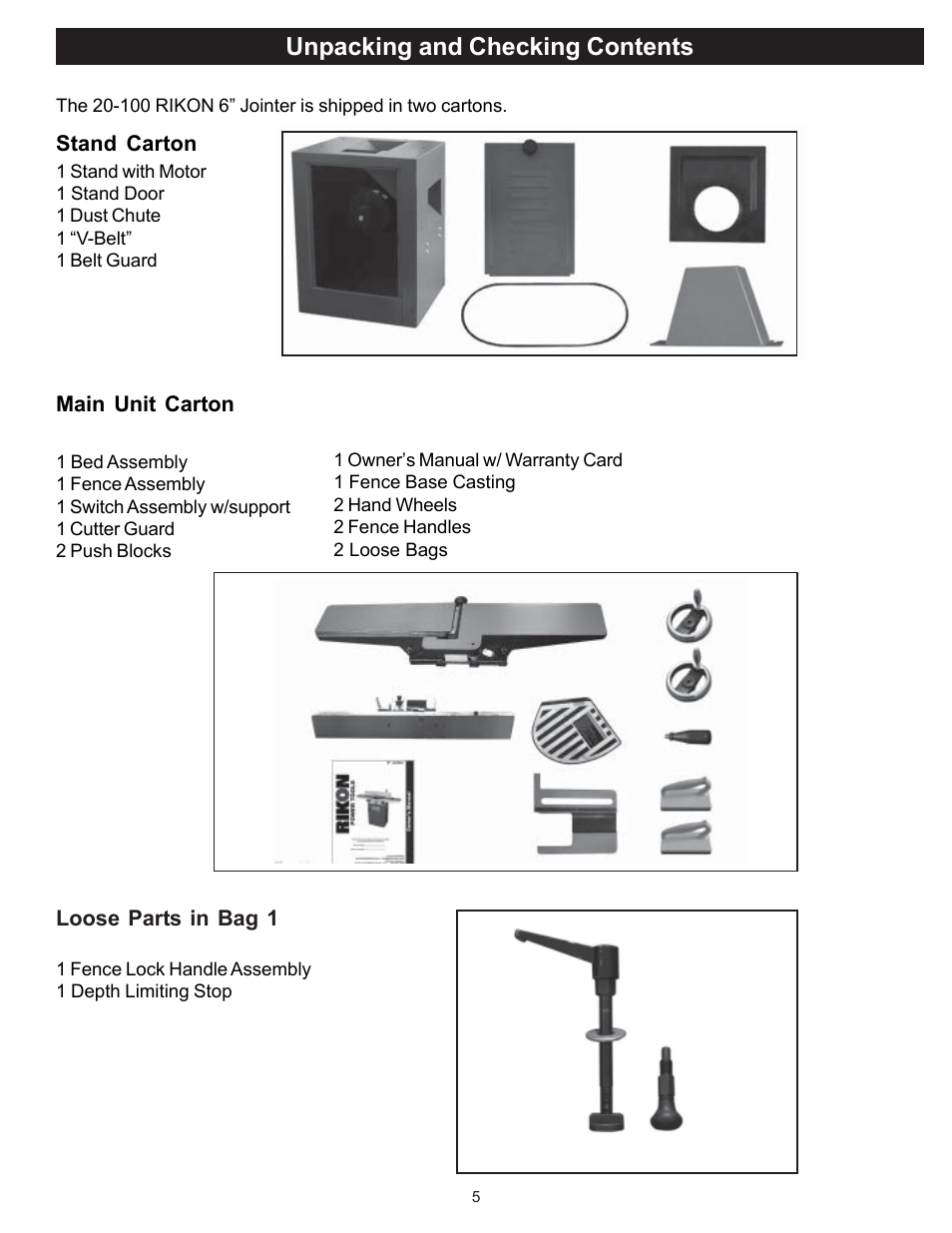 Unpacking and checking contents | RIKON Power Tools 20-100 User Manual | Page 5 / 32