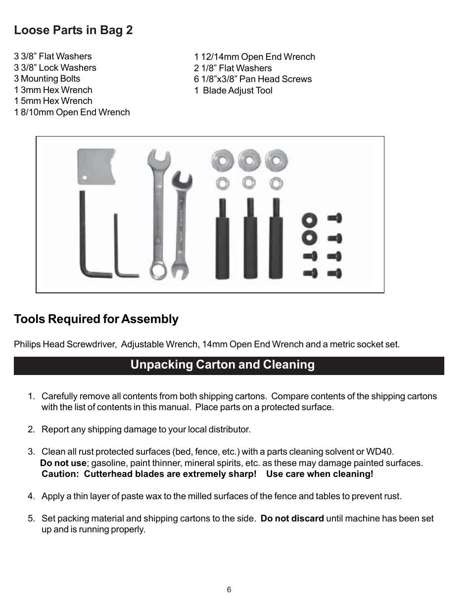 Loose parts in bag 2, Tools required for assembly, Unpacking carton and cleaning | RIKON Power Tools 20-100 User Manual | Page 6 / 32