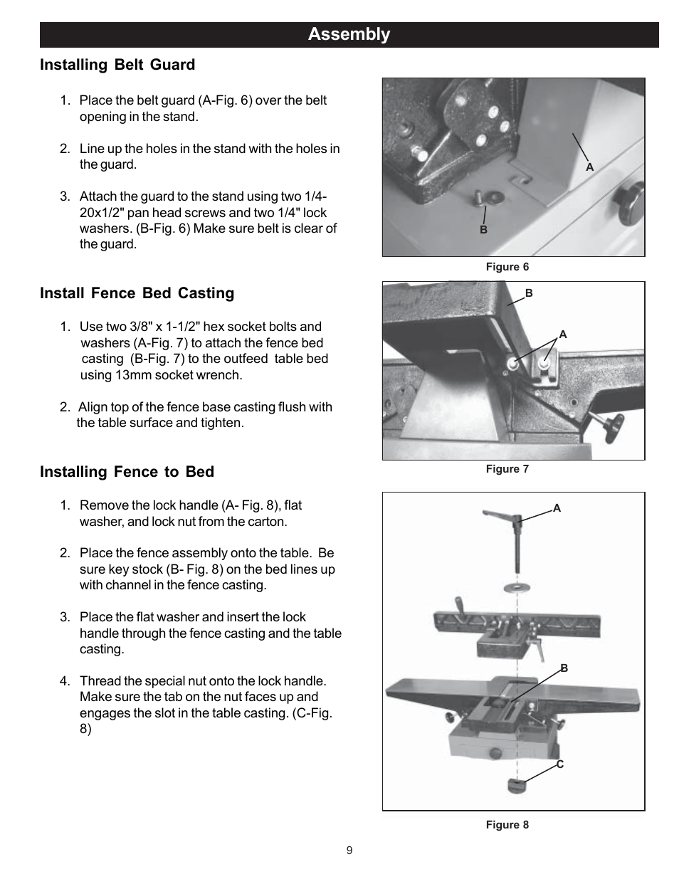 Assembly, Installing belt guard, Install fence bed casting | Installing fence to bed | RIKON Power Tools 20-100 User Manual | Page 9 / 32