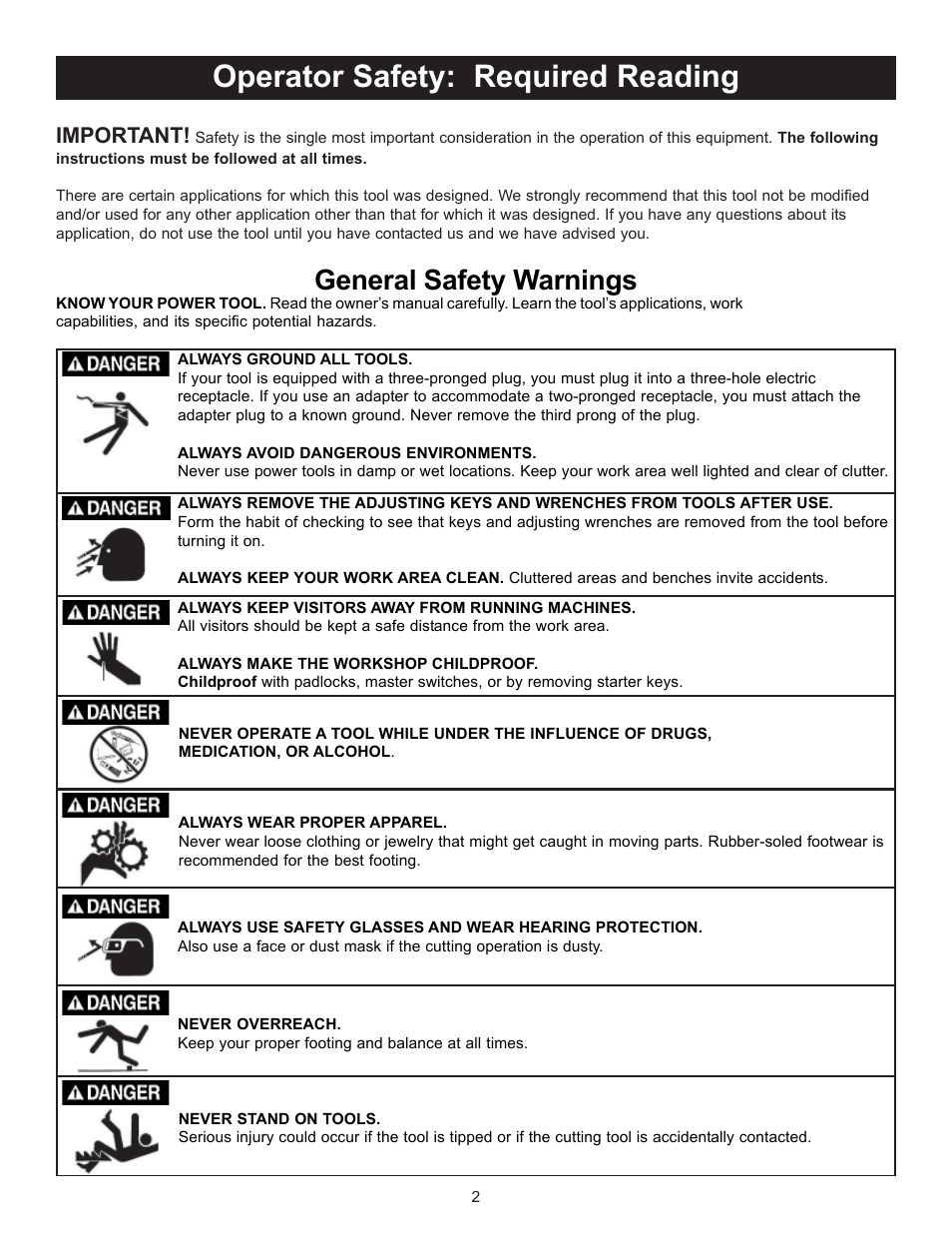 Operator safety: required reading, General safety warnings, Important | RIKON Power Tools 20-110 User Manual | Page 2 / 26