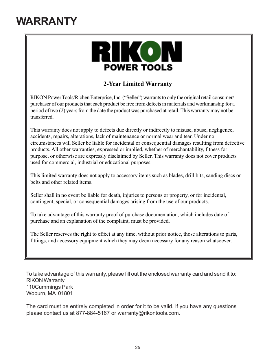 Warranty | RIKON Power Tools 20-110 User Manual | Page 25 / 26